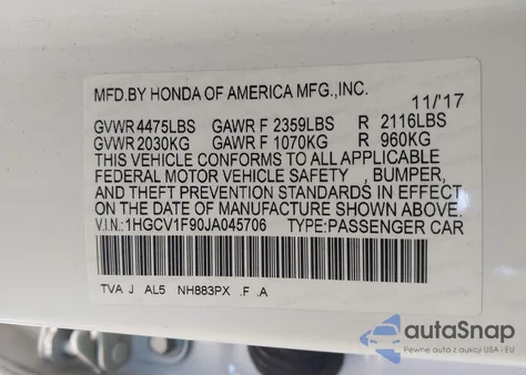 2018 Honda Accord Touring z USA, uszkodzony, nr VIN 1HGCV1F90JA045706